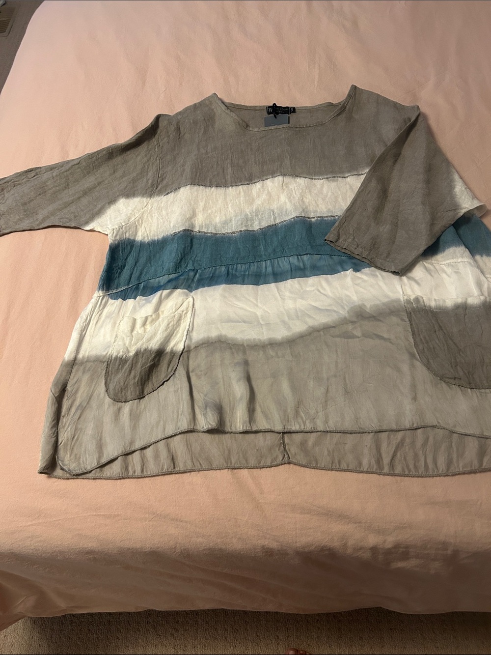 Bella Amore Gray, White & Blue Striped Scoop Neck Linen/Silk Tunic